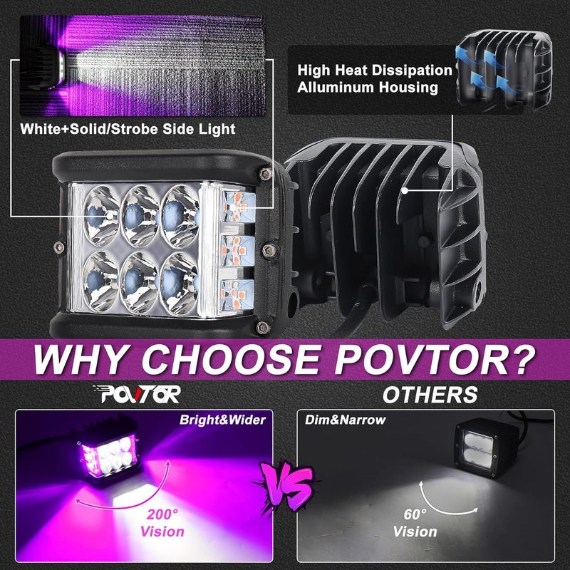 POVTOR Purple Pink Dual Side Shooter LED Pod Lights, 4 inch LED Light Pods with DRL Solid&Strobe Off Road LED Driving Cube Lights for Tractor Plow Truck ATV UTV SUV 4x4 Boat Motorcycle - Image 3